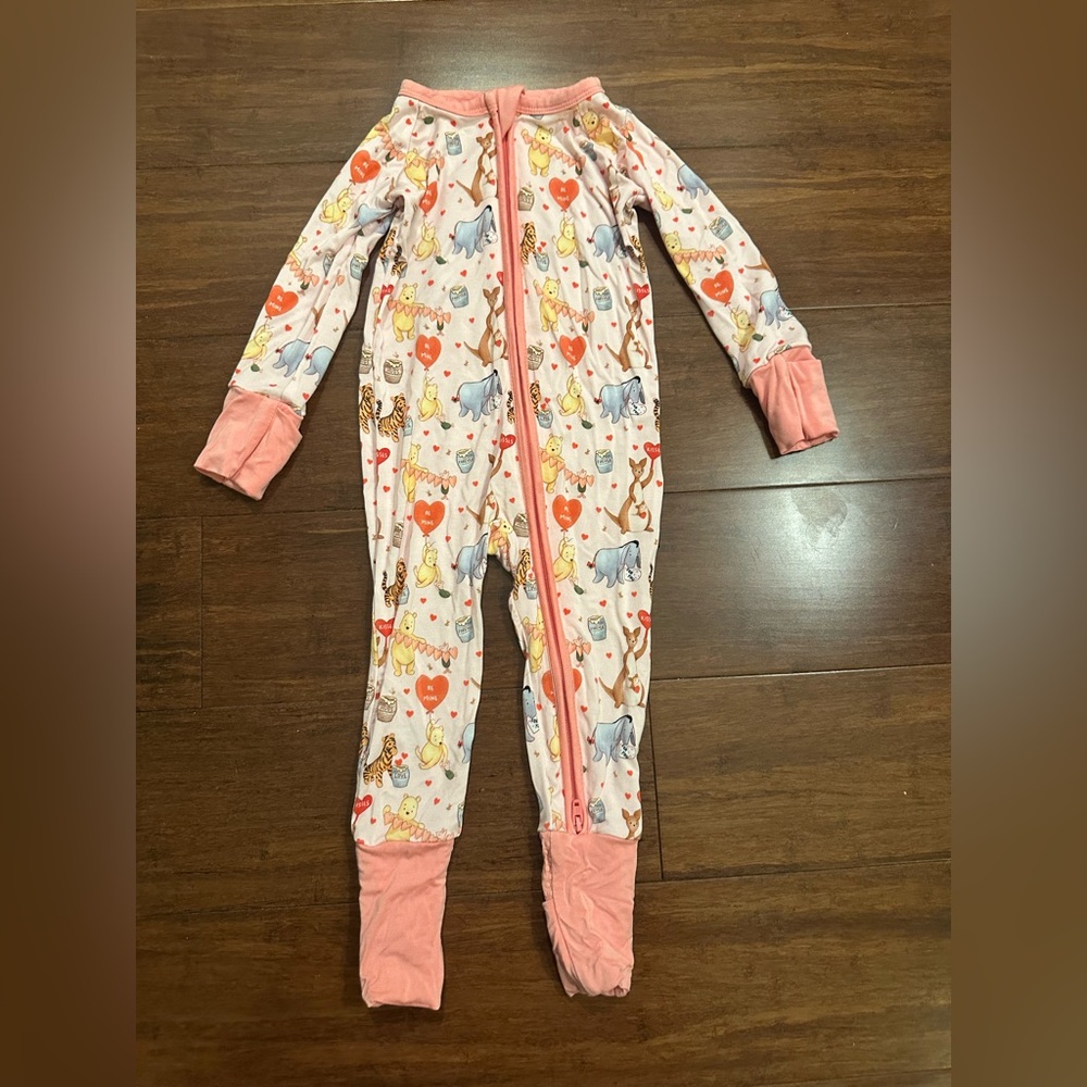 The Sleepy Sloth Pink Winnie the Pooh Valentines Zip Romper